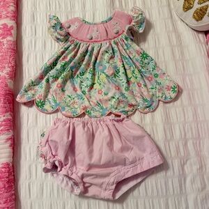 Floral Pink and Green Baby Smock Set